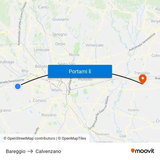 Bareggio to Calvenzano map