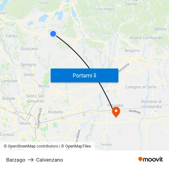 Barzago to Calvenzano map