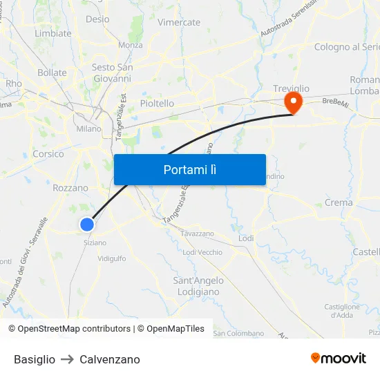 Basiglio to Calvenzano map