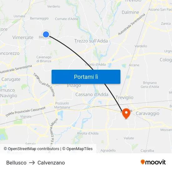 Bellusco to Calvenzano map