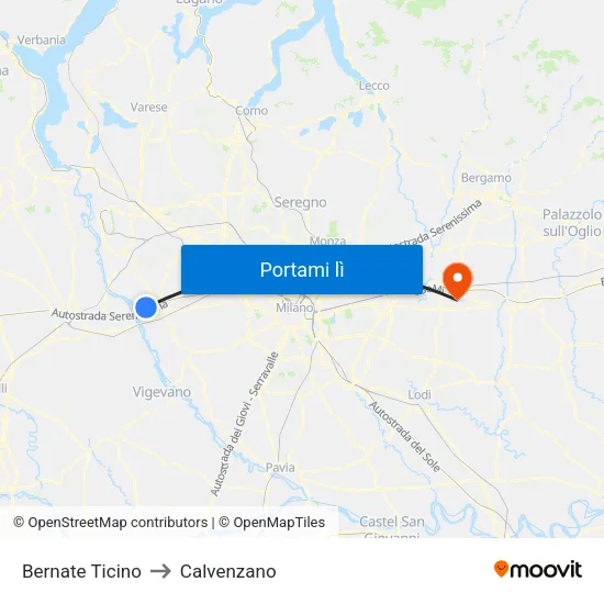 Bernate Ticino to Calvenzano map