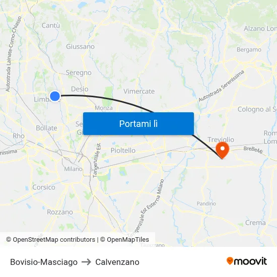 Bovisio-Masciago to Calvenzano map