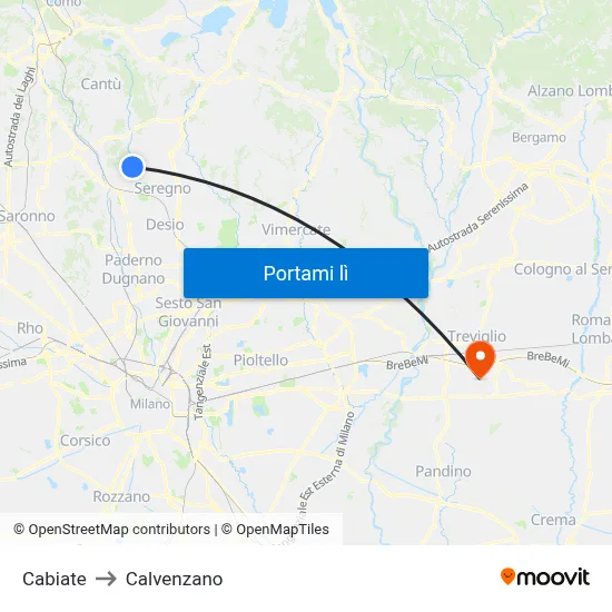 Cabiate to Calvenzano map