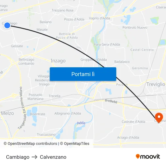 Cambiago to Calvenzano map