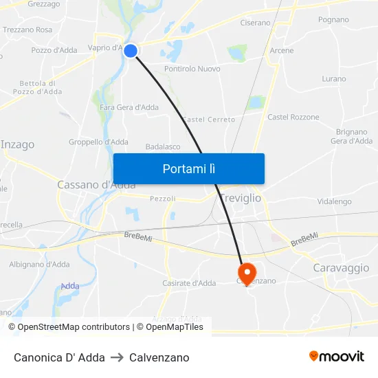Canonica D' Adda to Calvenzano map