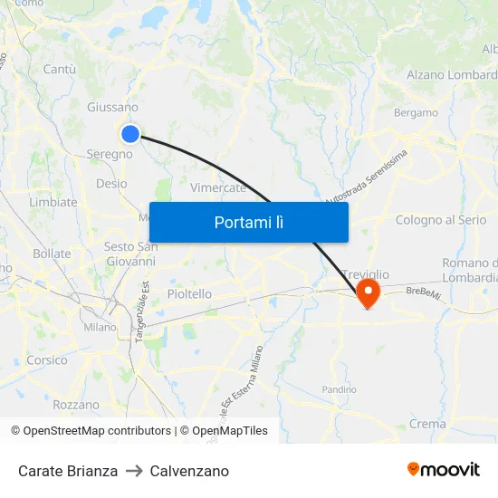 Carate Brianza to Calvenzano map