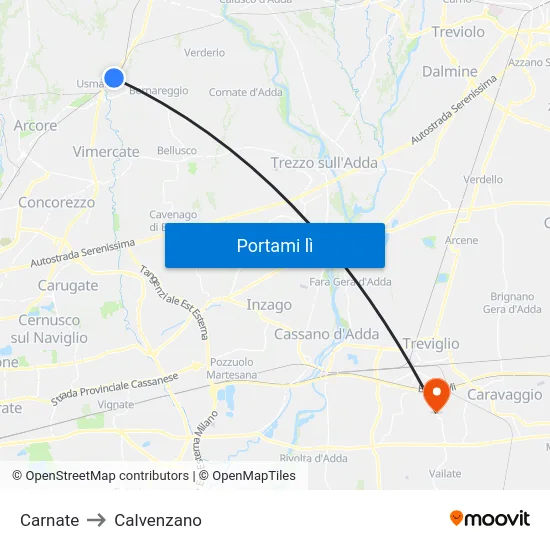 Carnate to Calvenzano map