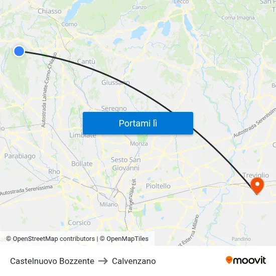 Castelnuovo Bozzente to Calvenzano map