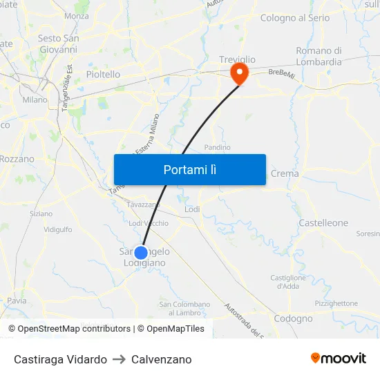 Castiraga Vidardo to Calvenzano map