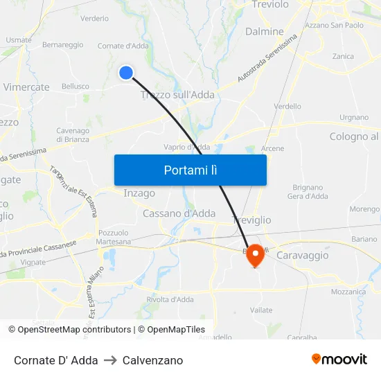 Cornate D' Adda to Calvenzano map