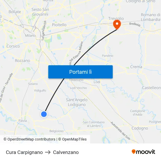 Cura Carpignano to Calvenzano map