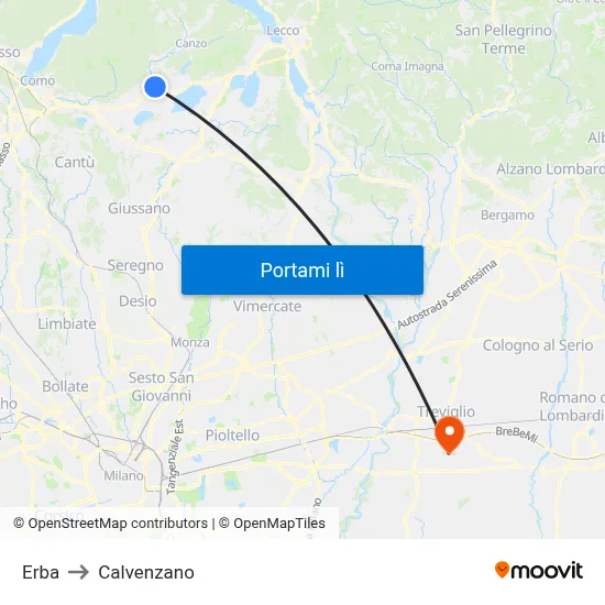 Erba to Calvenzano map