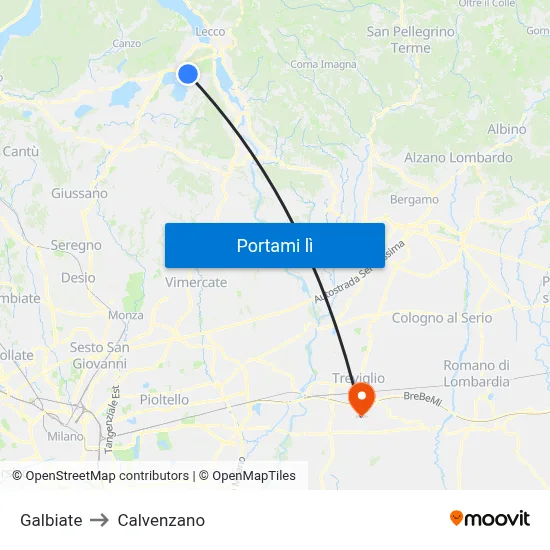 Galbiate to Calvenzano map