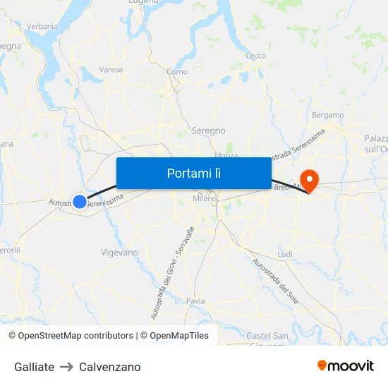 Galliate to Calvenzano map