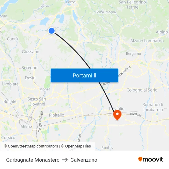 Garbagnate Monastero to Calvenzano map