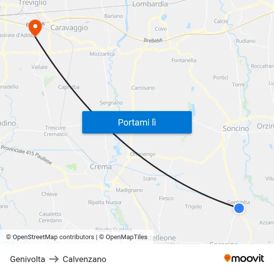 Genivolta to Calvenzano map