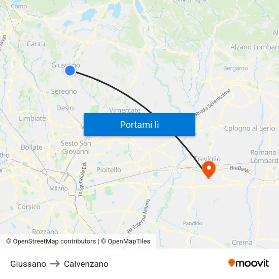 Giussano to Calvenzano map