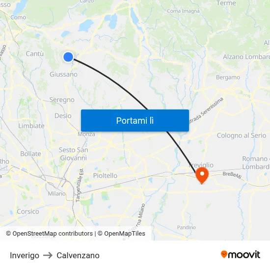 Inverigo to Calvenzano map