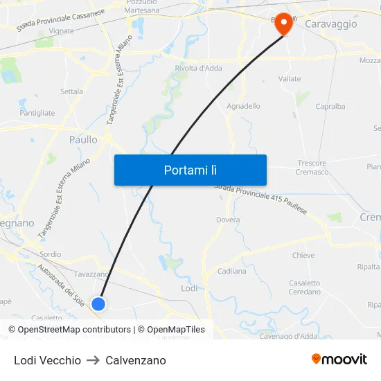 Lodi Vecchio to Calvenzano map
