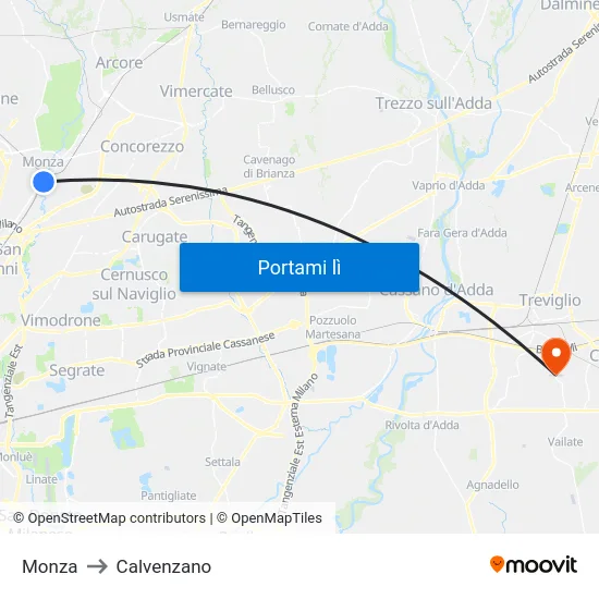 Monza to Calvenzano map