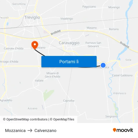 Mozzanica to Calvenzano map