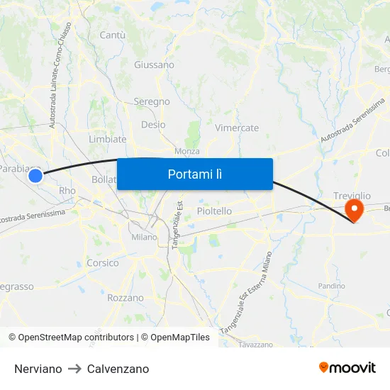 Nerviano to Calvenzano map