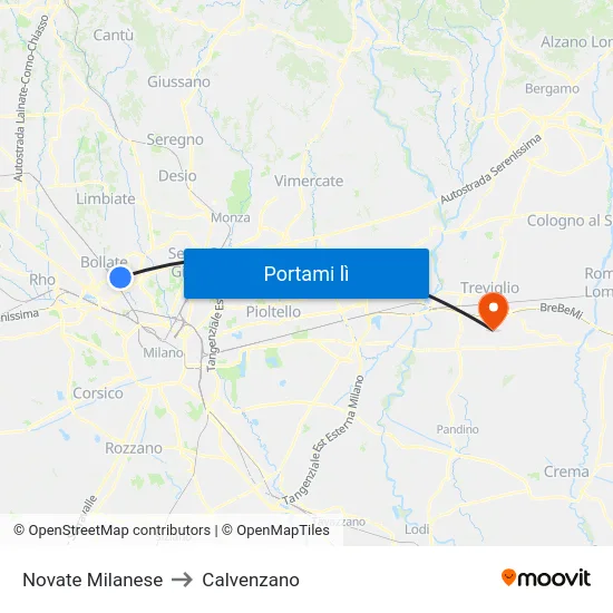 Novate Milanese to Calvenzano map