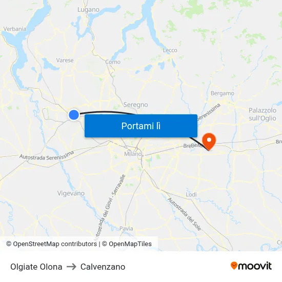 Olgiate Olona to Calvenzano map