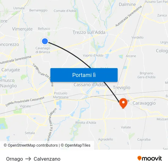 Ornago to Calvenzano map