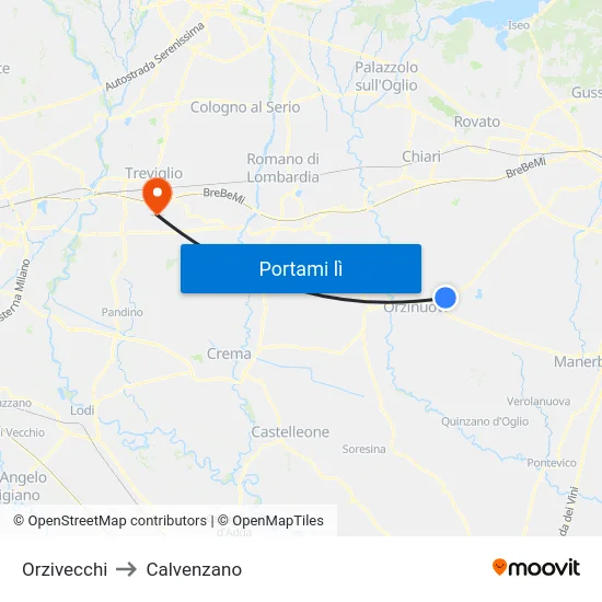 Orzivecchi to Calvenzano map