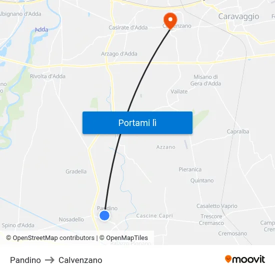 Pandino to Calvenzano map