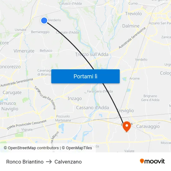 Ronco Briantino to Calvenzano map