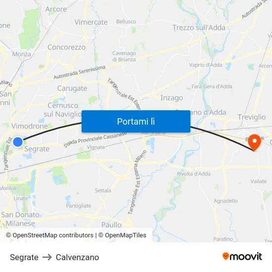 Segrate to Calvenzano map