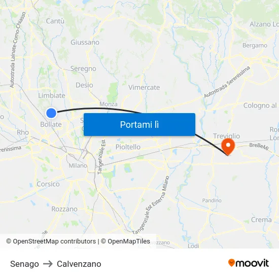 Senago to Calvenzano map
