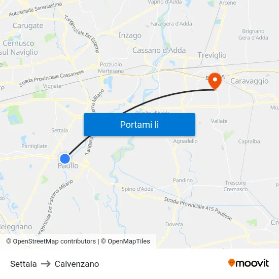 Settala to Calvenzano map