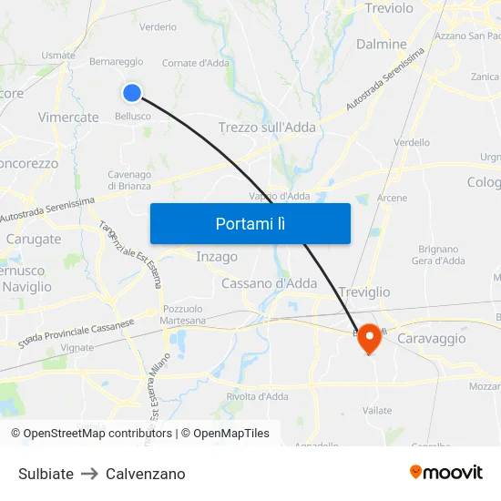 Sulbiate to Calvenzano map