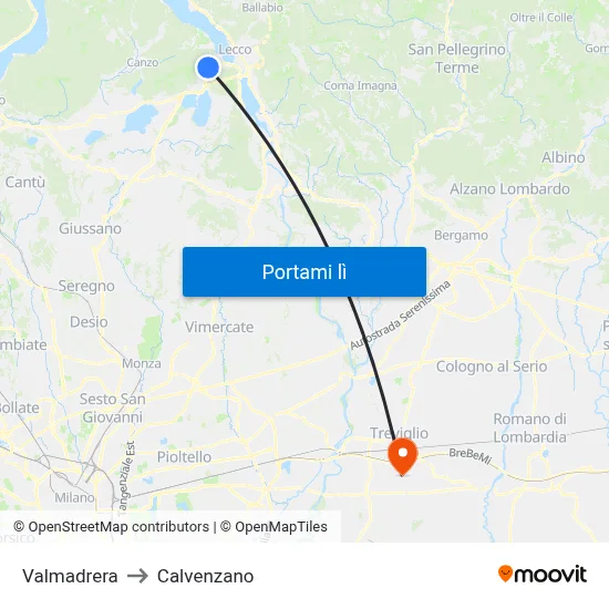 Valmadrera to Calvenzano map
