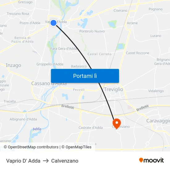 Vaprio D' Adda to Calvenzano map