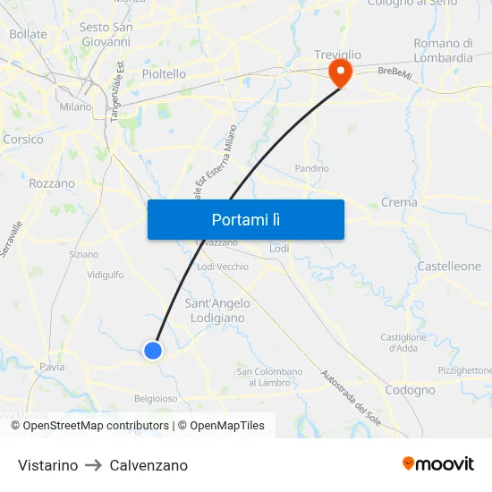 Vistarino to Calvenzano map