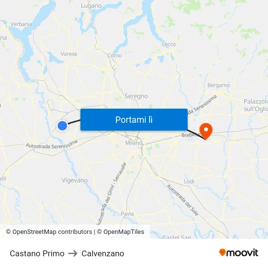 Castano Primo to Calvenzano map