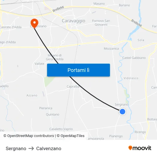 Sergnano to Calvenzano map