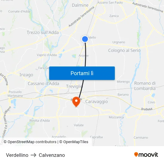 Verdellino to Calvenzano map