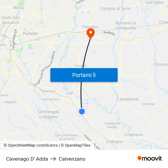 Cavenago D' Adda to Calvenzano map