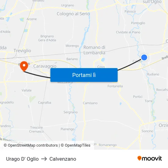 Urago D' Oglio to Calvenzano map