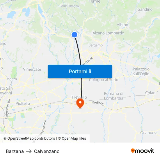 Barzana to Calvenzano map