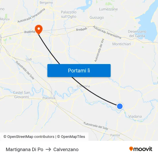 Martignana Di Po to Calvenzano map