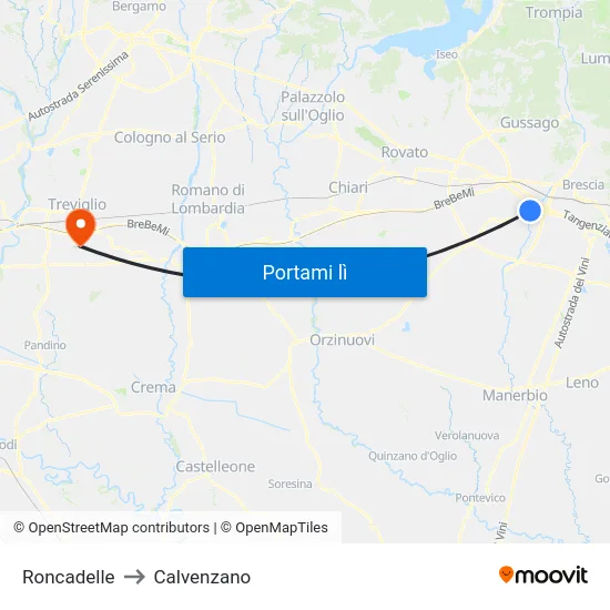 Roncadelle to Calvenzano map