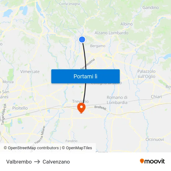 Valbrembo to Calvenzano map