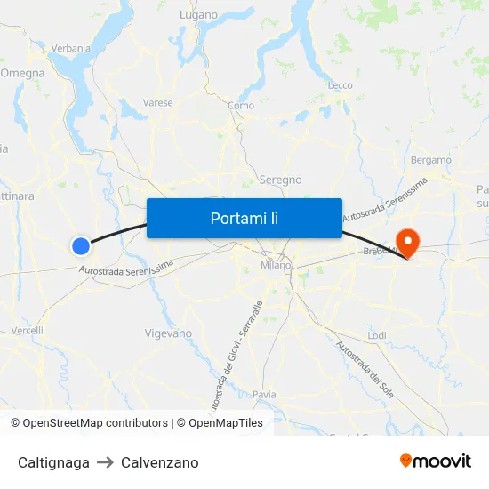 Caltignaga to Calvenzano map