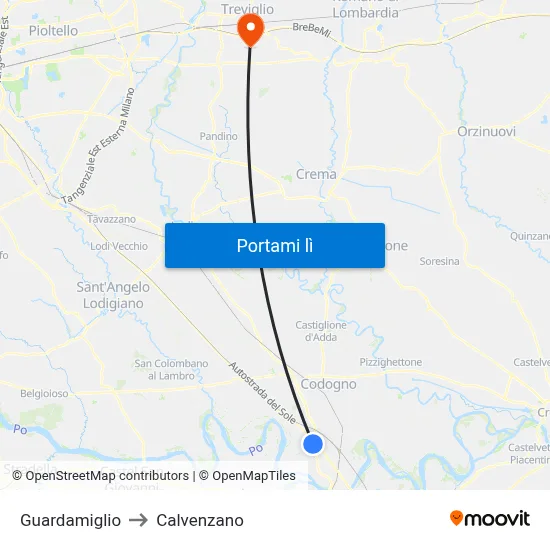 Guardamiglio to Calvenzano map